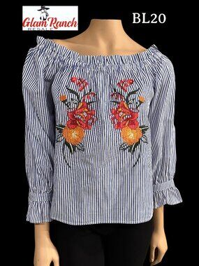 VGC Flying Tomato Off The Shoulder Pinstripe Embroidered Blouse Size Small